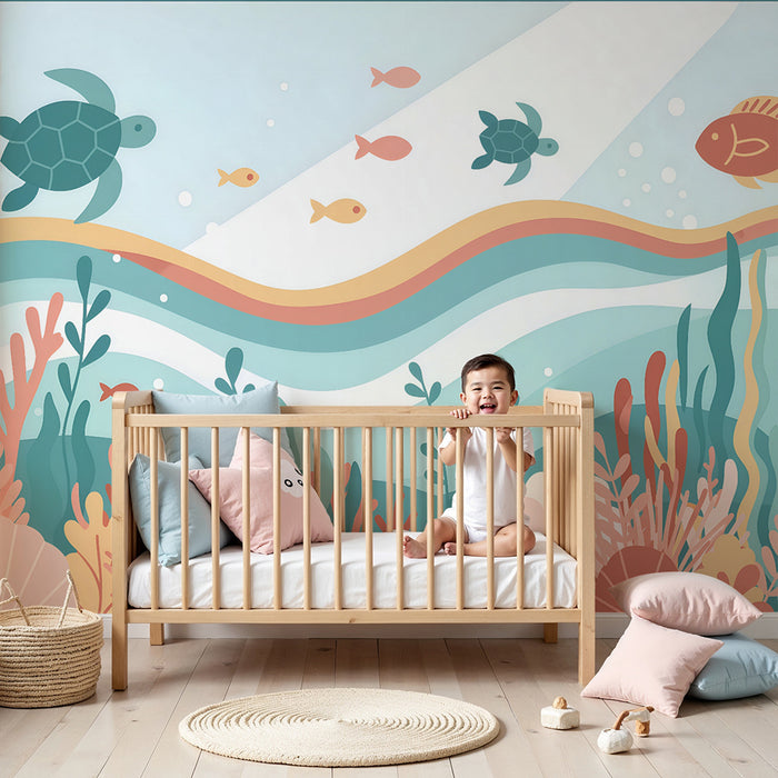 Papel pintado infantil | Mundo marino y tortugas pastel