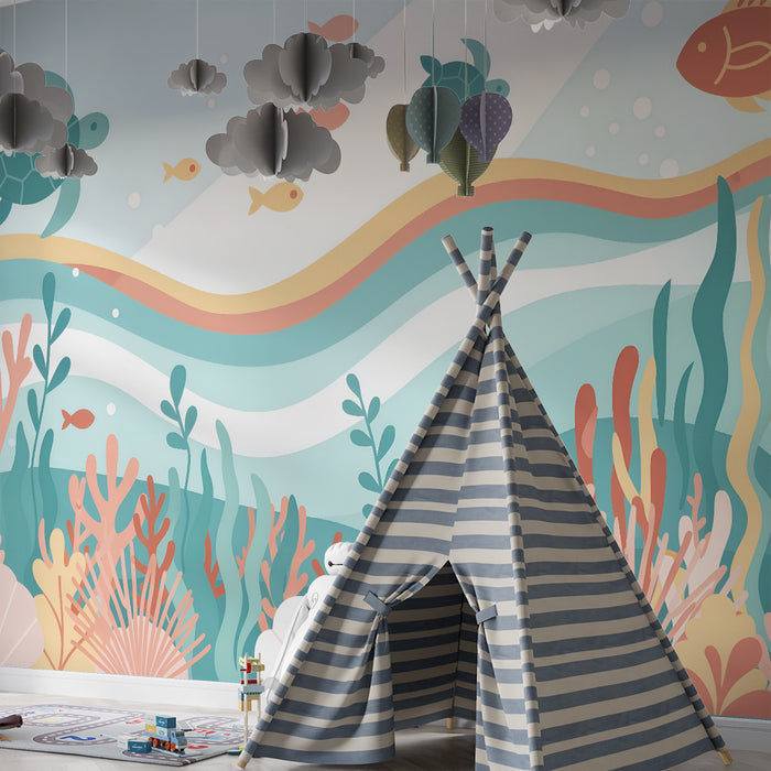Papel pintado infantil | Mundo marino y tortugas pastel