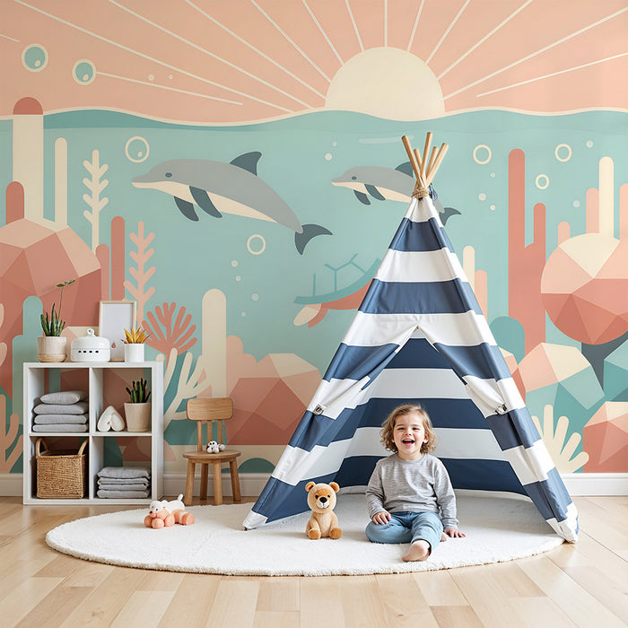 Carta da parati bambini | Oceano in toni pastello con delfini e tartarughe