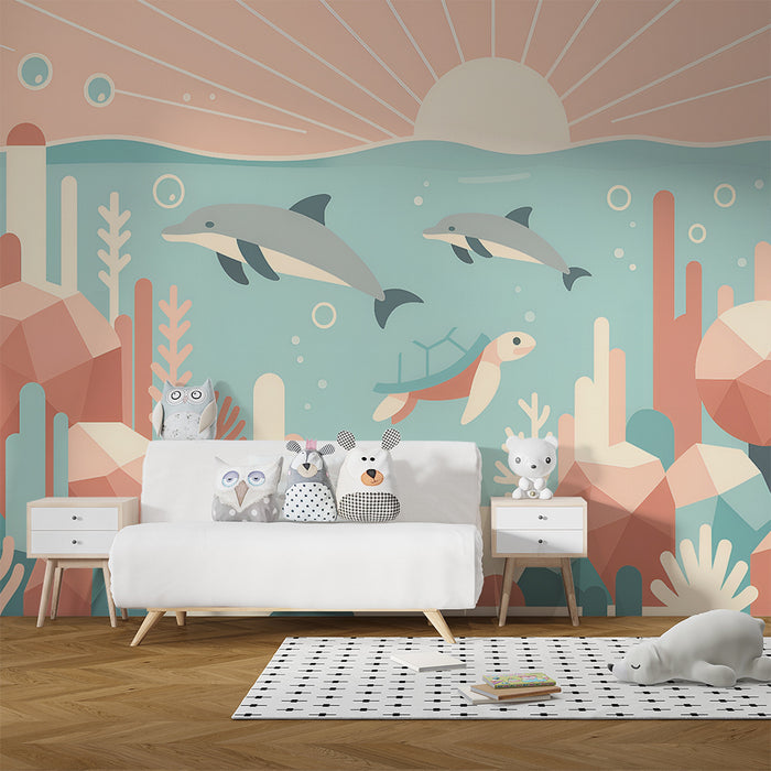 Carta da parati bambini | Oceano in toni pastello con delfini e tartarughe