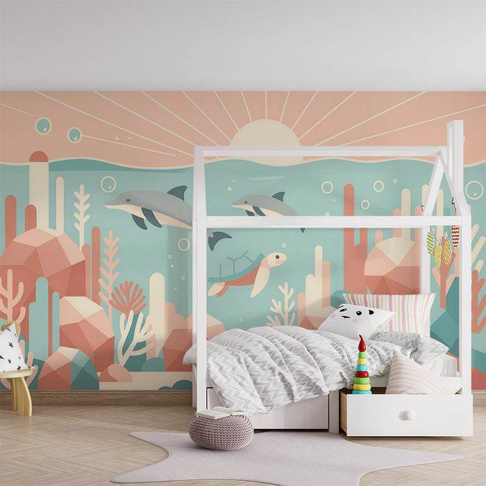 Carta da parati bambini | Oceano in toni pastello con delfini e tartarughe