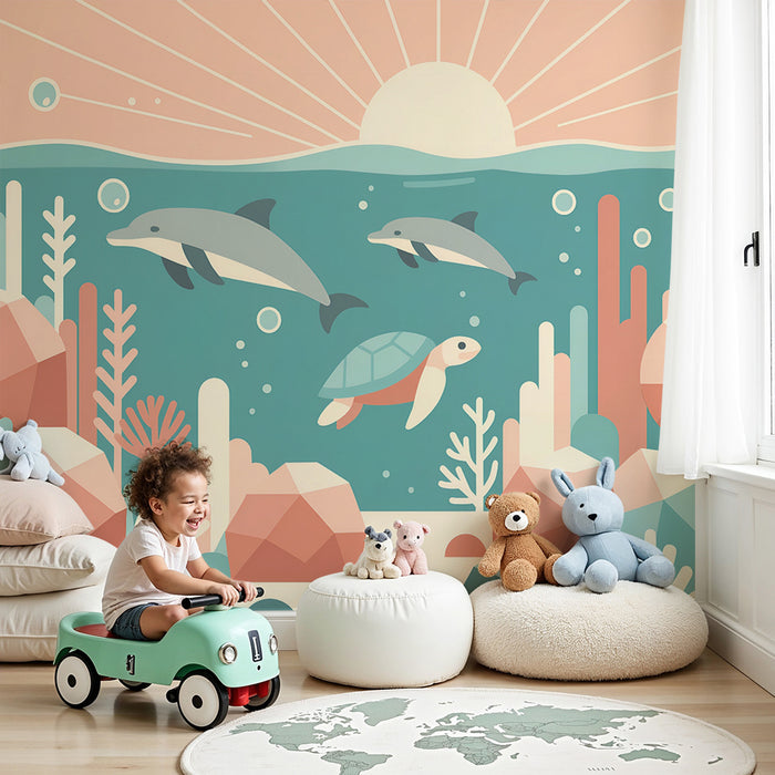 Papel pintado infantil | Arrecife marino con delfines