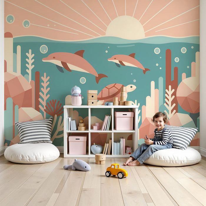Carta da parati bambini | Delfini e tartaruga sottomarina