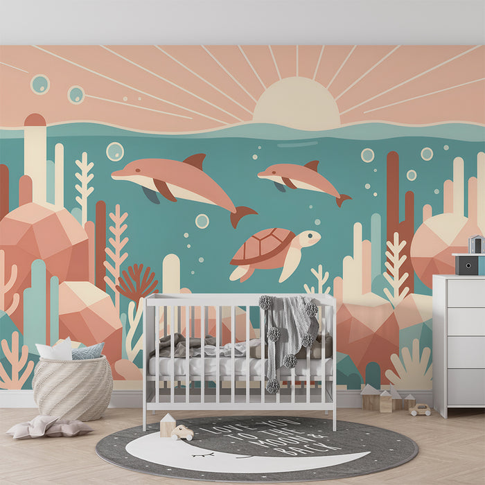 Carta da parati bambini | Delfini e tartaruga sottomarina