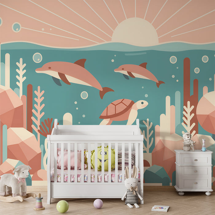 Carta da parati bambini | Delfini e tartaruga sottomarina