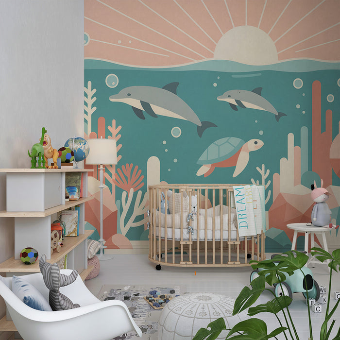 Papel pintado infantil | Arrecife marino con delfines
