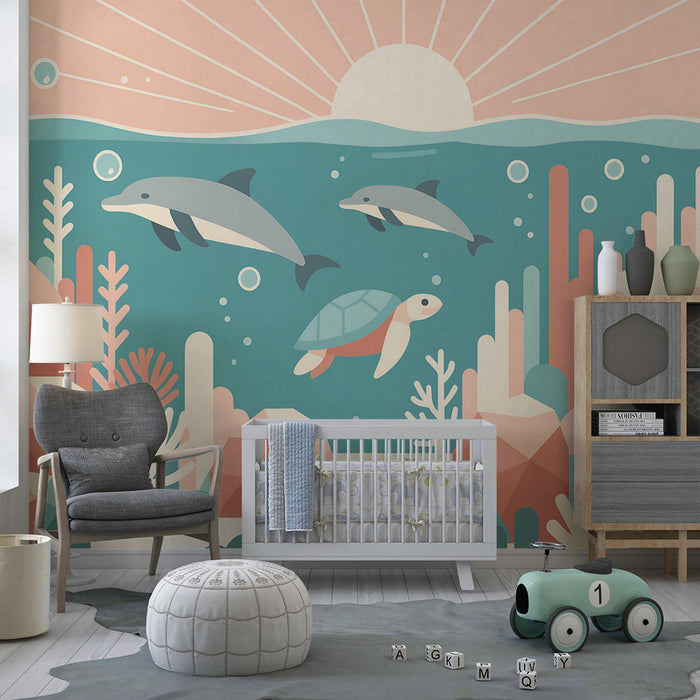 Papel pintado infantil | Arrecife marino con delfines