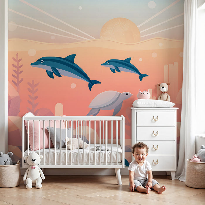 Carta da parati bambini | Delfini e tartaruga sottomarina nell'oceano rosa