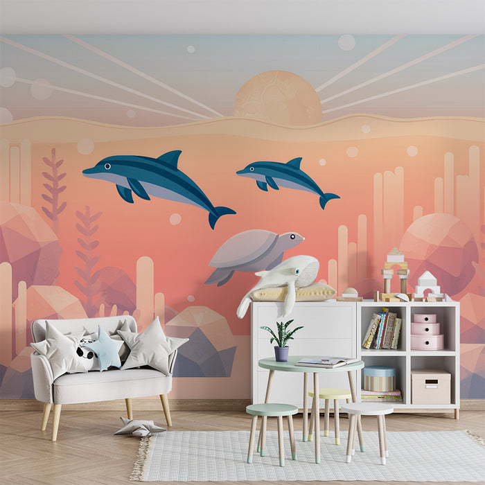 Carta da parati bambini | Delfini e tartaruga sottomarina nell'oceano rosa