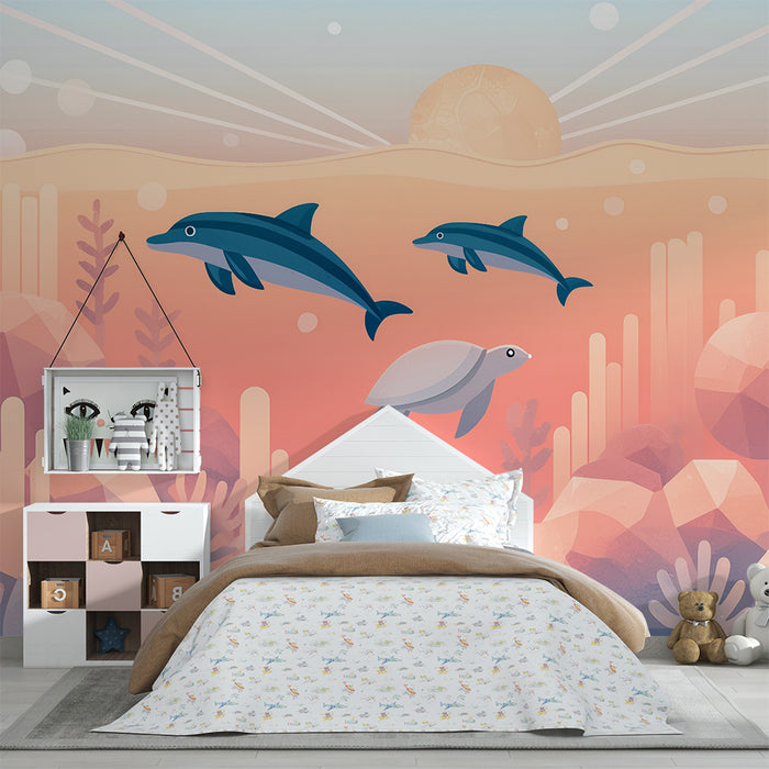 Carta da parati bambini | Delfini e tartaruga sottomarina nell'oceano rosa