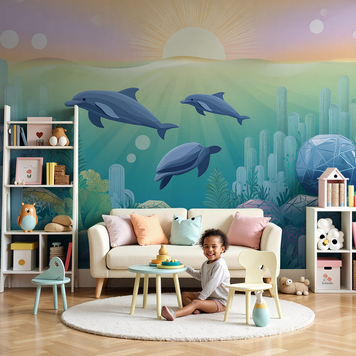 Papier peint chambre enfant | Aventure sous-marine avec dauphins