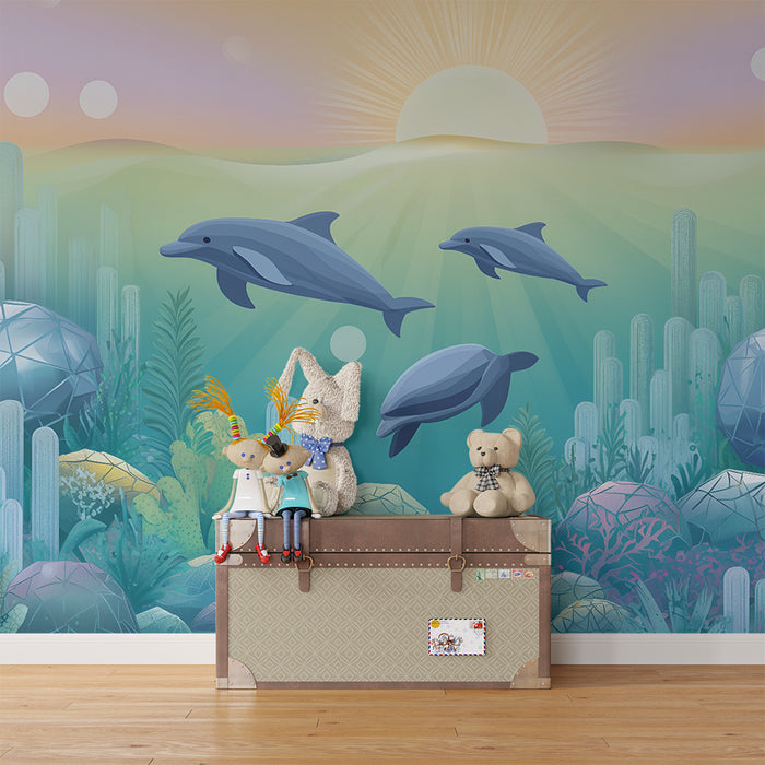 Papier peint chambre enfant | Aventure sous-marine avec dauphins