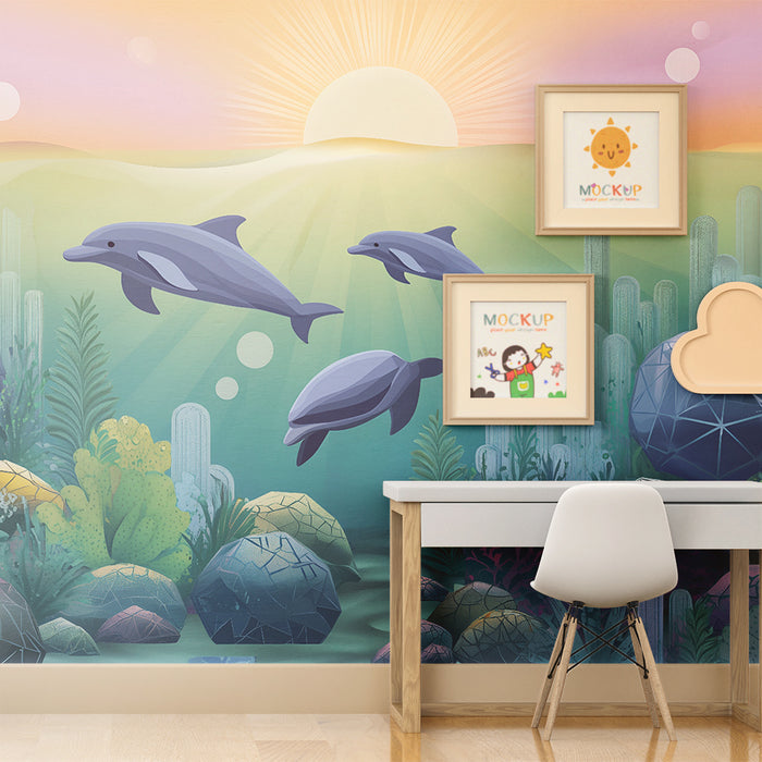 Papier peint chambre enfant | Aventure sous-marine avec dauphins