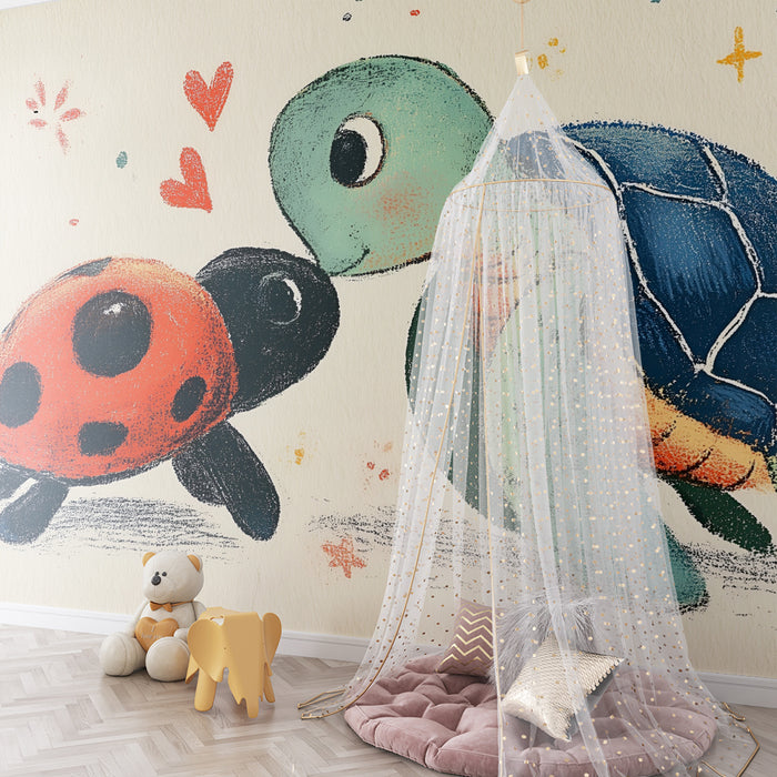 Papier peint chambre bébé | Tortue et coccinelle amies