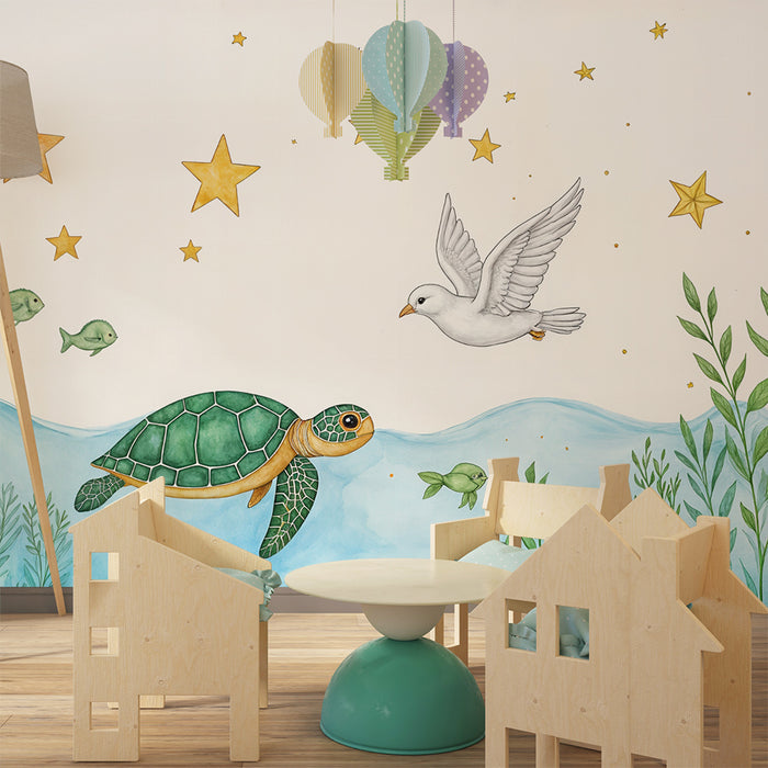 Paberi tapeet ookeani tähtedega | Kilpkonn ja kajakas