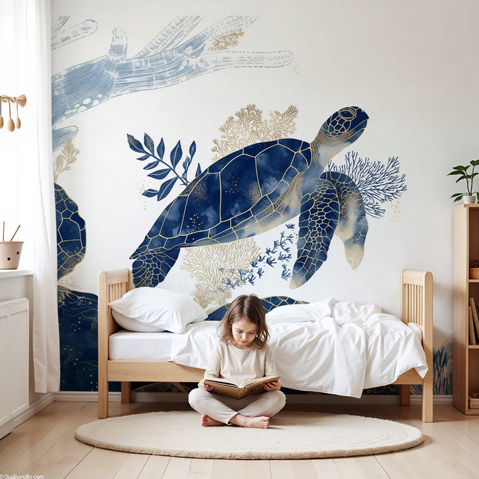 Havskildpadda tapet | Blå og guld marinelementer