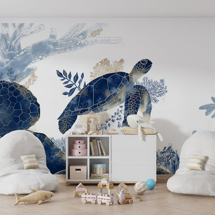Havskildpadda tapet | Blå og guld marinelementer