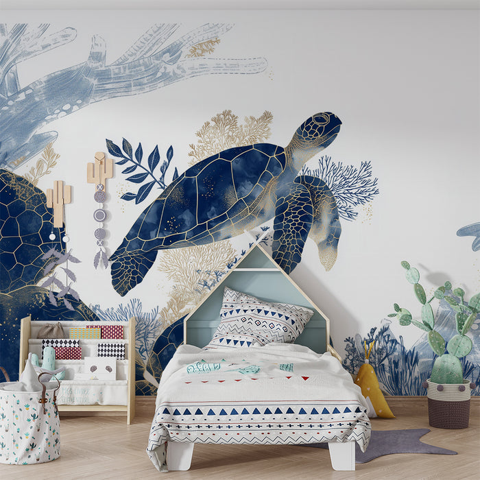 Havskildpadda tapet | Blå og guld marinelementer