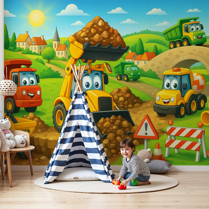 Barntapet | Glada bygglastbilar