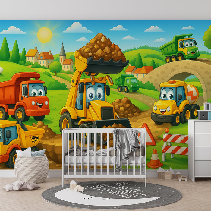 Barntapet | Glada bygglastbilar