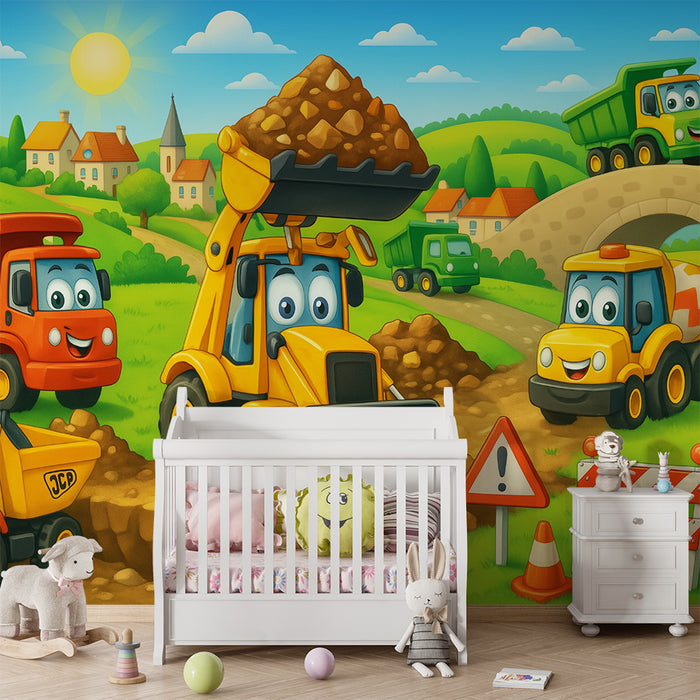 Barntapet | Glada bygglastbilar