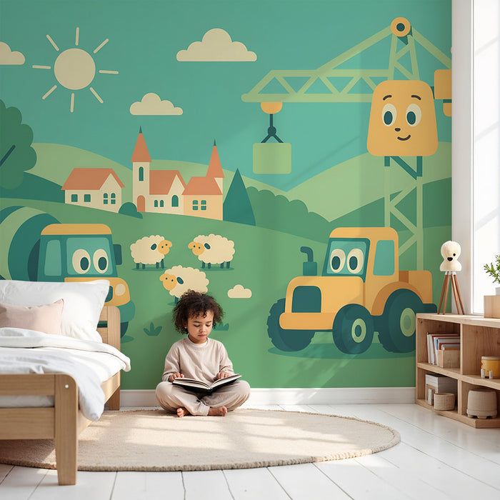 Papel pintado infantil | Maquinaria de construcción y ovejas