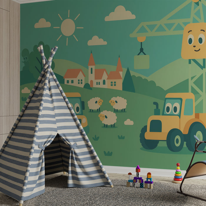 Papel pintado infantil | Maquinaria de construcción y ovejas