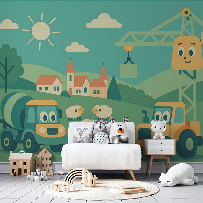 Papel pintado infantil | Maquinaria de construcción y ovejas