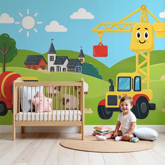 Papel pintado infantil | Vehículos de construcción sonrientes