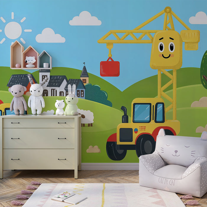 Papel pintado infantil | Vehículos de construcción sonrientes