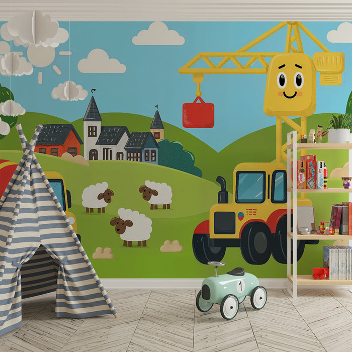 Papel pintado infantil | Vehículos de construcción sonrientes