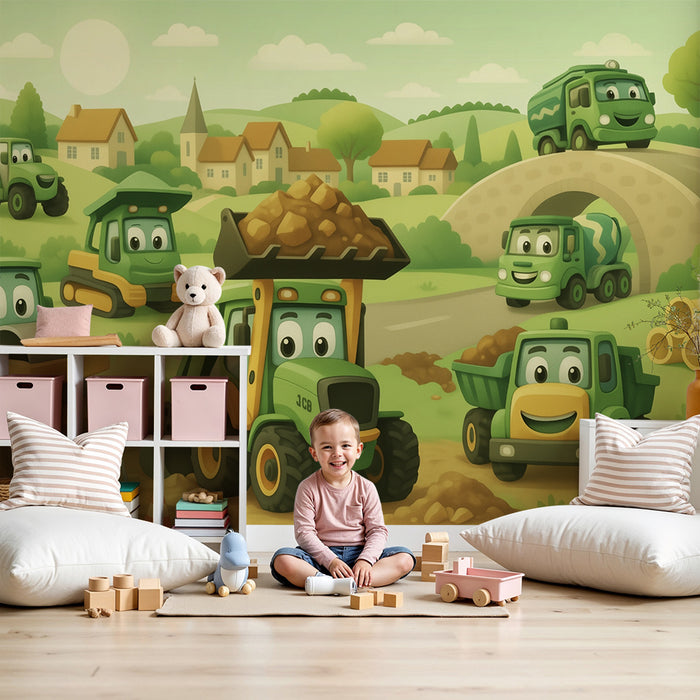 Barntapet | Glada gröna bygglastbilar