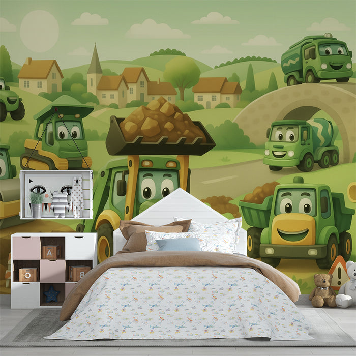 Barntapet | Glada gröna bygglastbilar