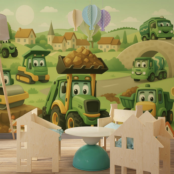Barntapet | Glada gröna bygglastbilar