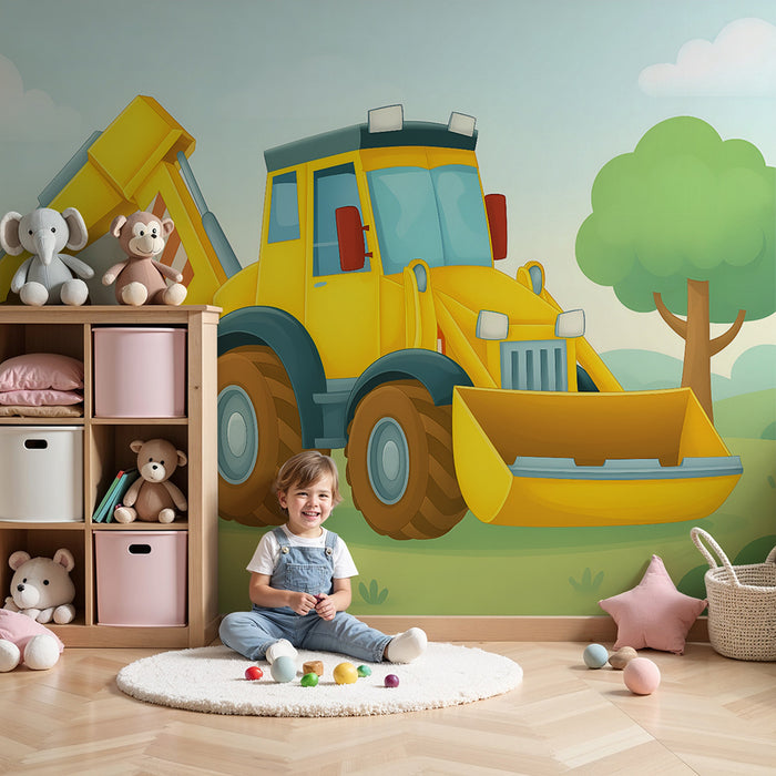 Lastenhuoneen tapetti | Keltainen kaivinkone luonnon keskellä