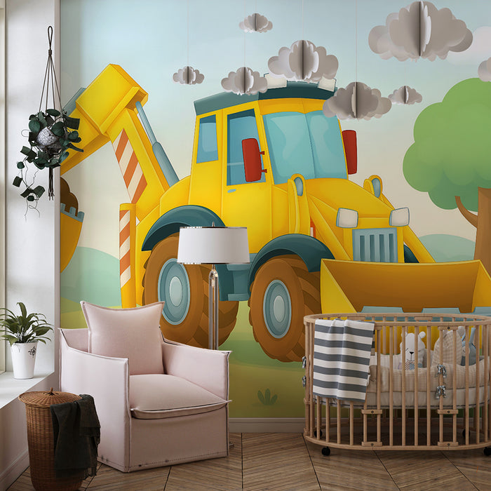 Lastenhuoneen tapetti | Keltainen kaivinkone luonnon keskellä