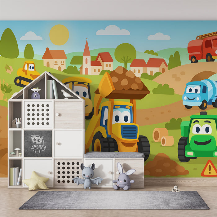 Papier peint chambre enfant | Engins de construction joyeux