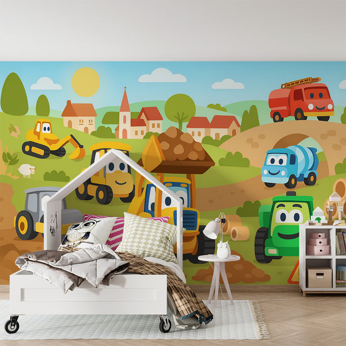 Papier peint chambre enfant | Engins de construction joyeux