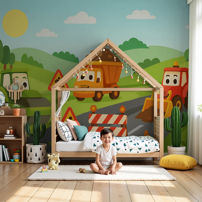 Papel pintado infantil | Tractores alegres y obras soleadas