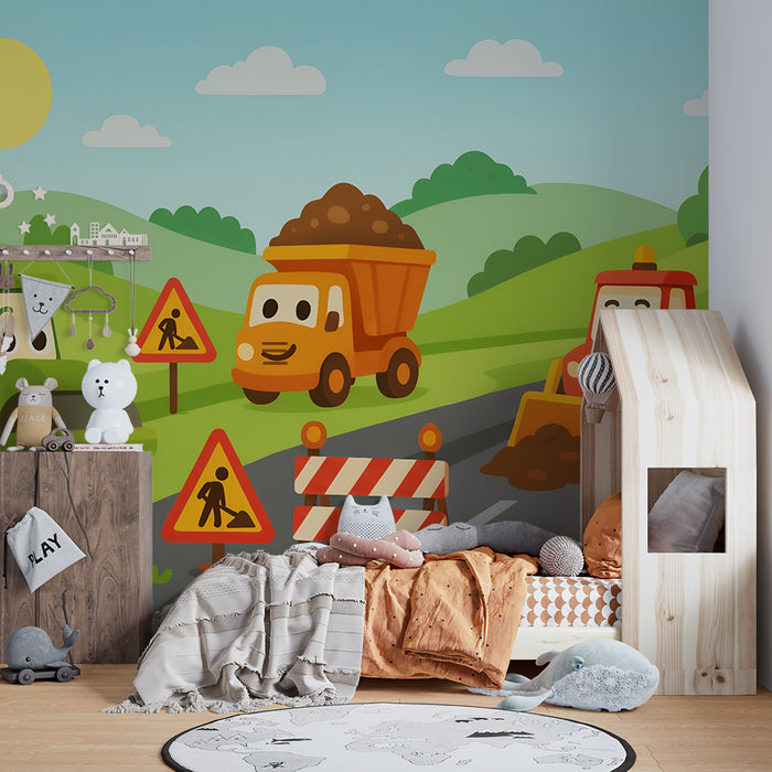 Papel pintado infantil | Tractores alegres y obras soleadas