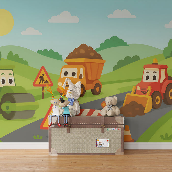 Papel pintado infantil | Tractores alegres y obras soleadas