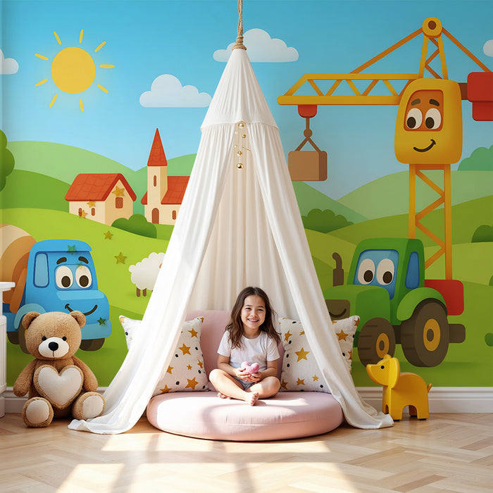 Papel pintado infantil | Camiones y paisajes soleados