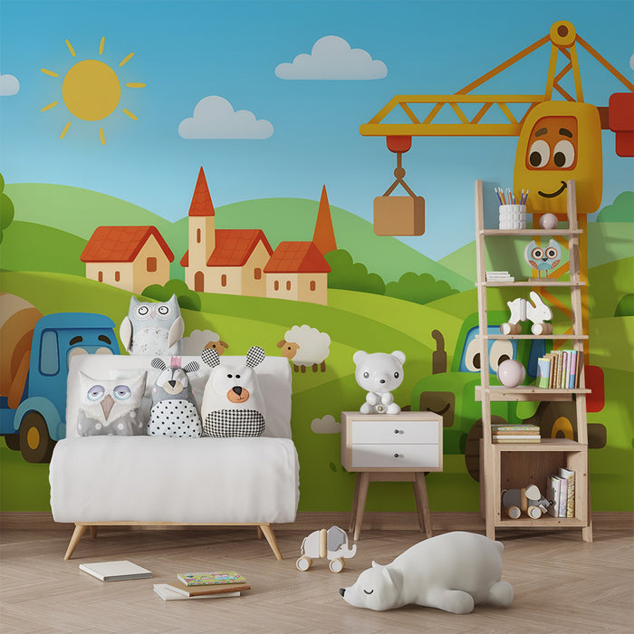 Papel pintado infantil | Camiones y paisajes soleados