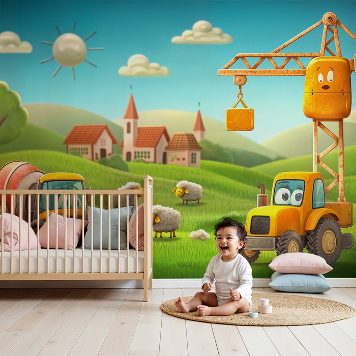 Papel pintado infantil | Vehículos de construcción y ovejas