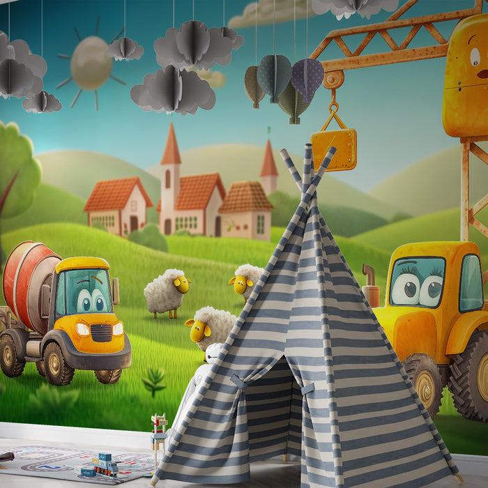 Papel pintado infantil | Vehículos de construcción y ovejas