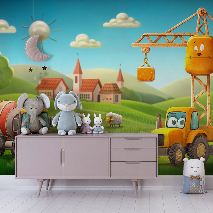 Papel pintado infantil | Vehículos de construcción y ovejas