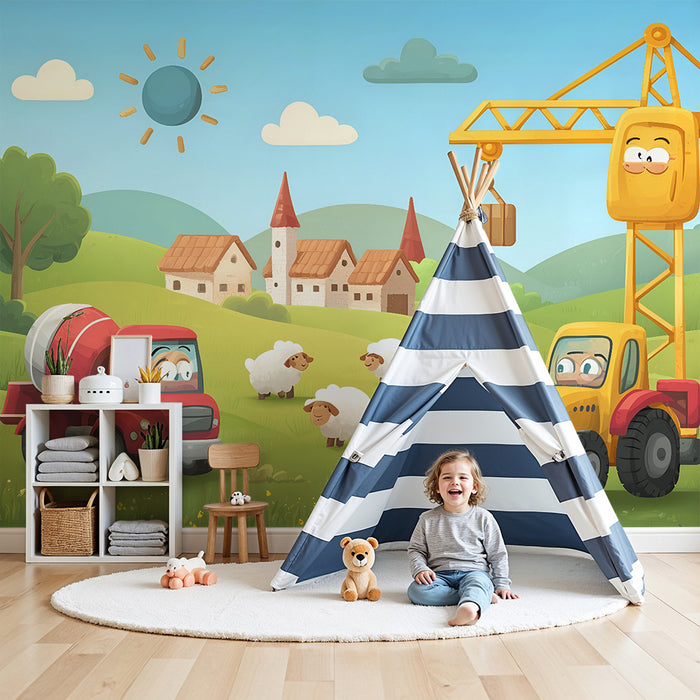 Kinderkamer behang | Vrolijke bouwvoertuigen en schapen