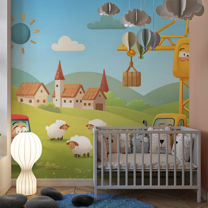 Kinderkamer behang | Vrolijke bouwvoertuigen en schapen