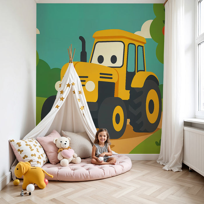 Kinderkamer behang | Vrolijke tractor en fruitige boomgaard scheiden