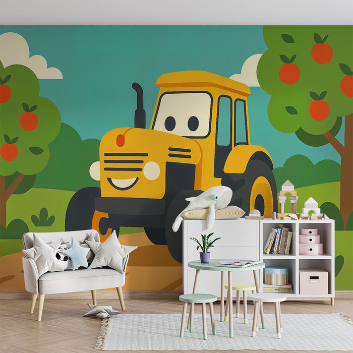 Kinderkamer behang | Vrolijke tractor en fruitige boomgaard scheiden